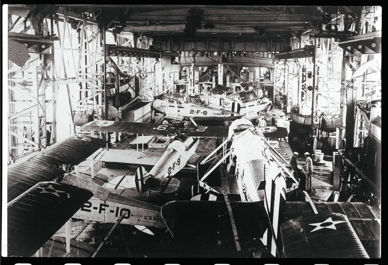Inside the hangar of USS Langley, CV-1