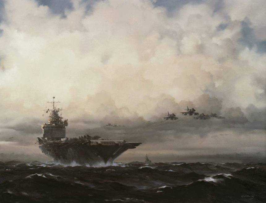 "Enterprise on Yankee Station" by R.G. Smith, Oil Painting, c. 1968. Accession: 88-160-EU Courtesy U.S. Navy Art Gallery, Naval History and Heritage Command 
