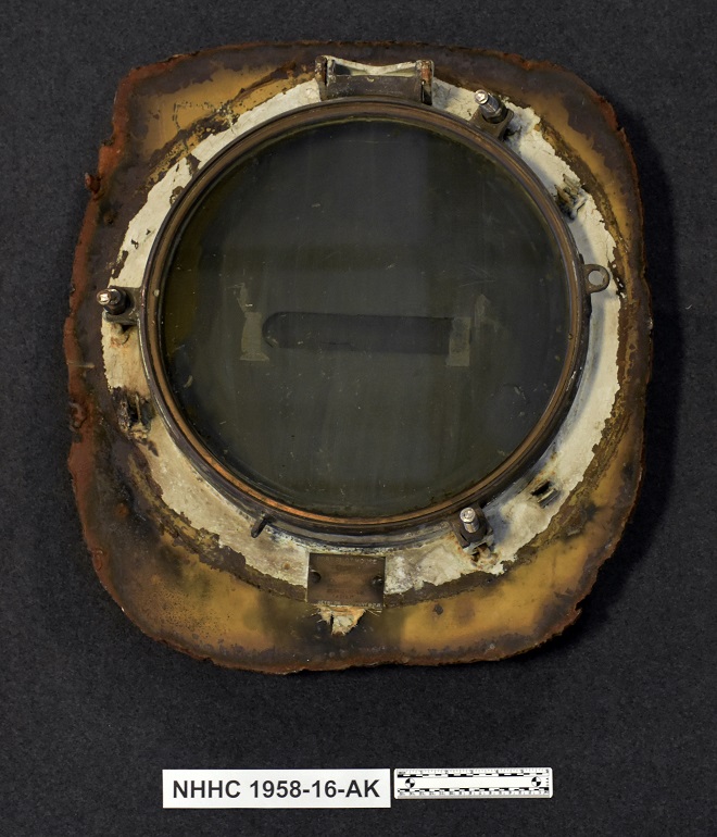 One of six porthole frames and covers removed from the bridge of USS Enterprise (CV-6) in 1958. These portholes were installed in the Captain’s cabin aboard USS Enterprise (CVN-65) and are slated to be installed aboard the next ship to bear the name of Enterprise, CVN-80.