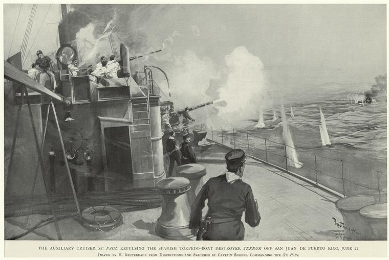 The auxiliary cruiser St. Paul repulsing the Spanish torpedo-boat ...