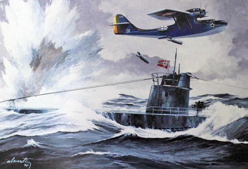 Brazilian Catalina PBY-5 Arará attacking the U-199 off Rio de Janeiro ...